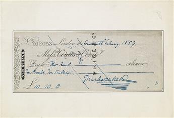 DICKENS, CHARLES. Check accomplished and Signed, to Pew Rent in the amount of £10.10.0.